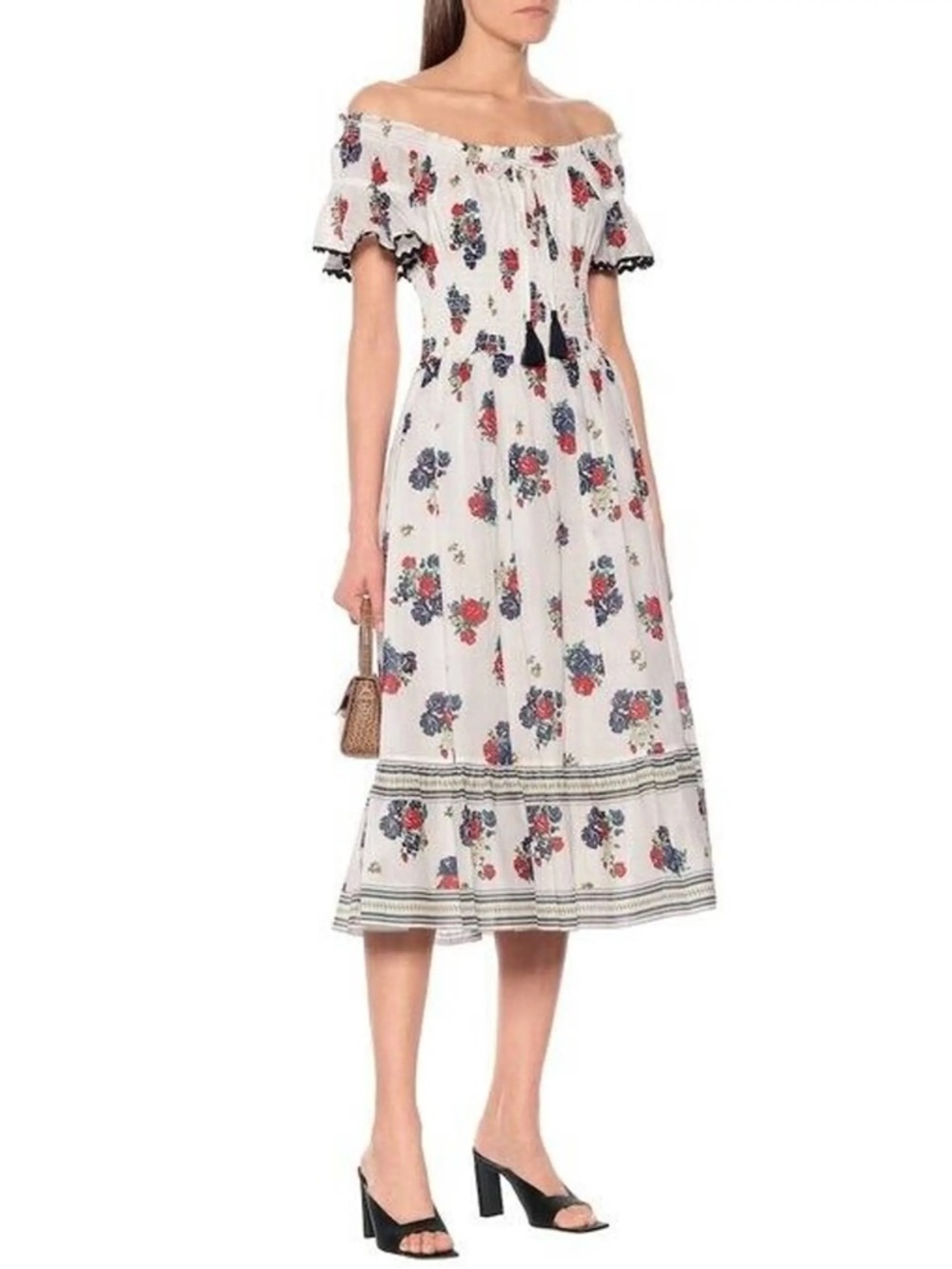 Tory Burch Meadow Folly Cotton Midi Dress Sz Small White Red Blue Multi Floral